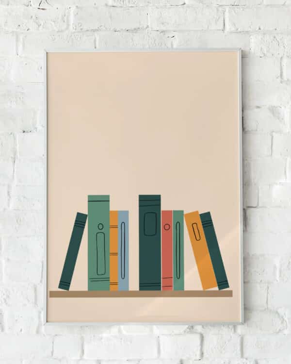 Minimalistisk plakat med en stiliseret boghylde i dæmpede farver – "Bookshelf".