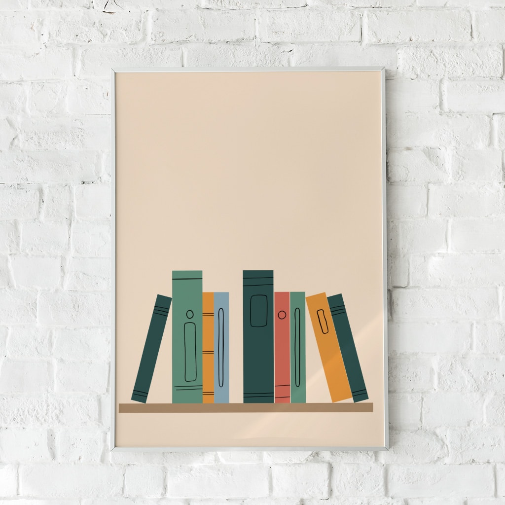Minimalistisk plakat med en stiliseret boghylde i dæmpede farver – "Bookshelf".