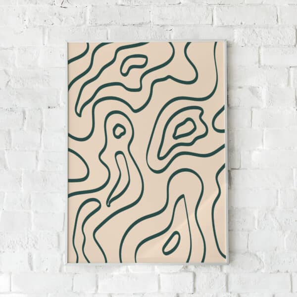 Plakat med bølgende grønne linjer på beige baggrund – "Contour".