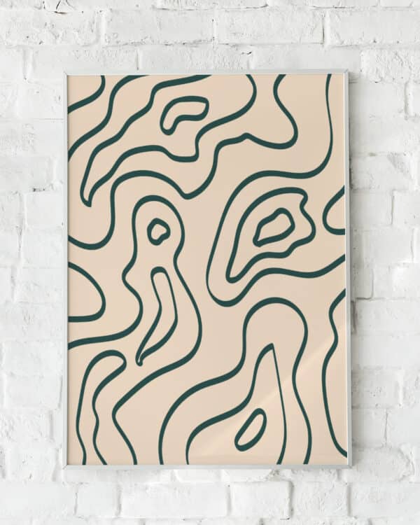 Plakat med bølgende grønne linjer på beige baggrund – "Contour".