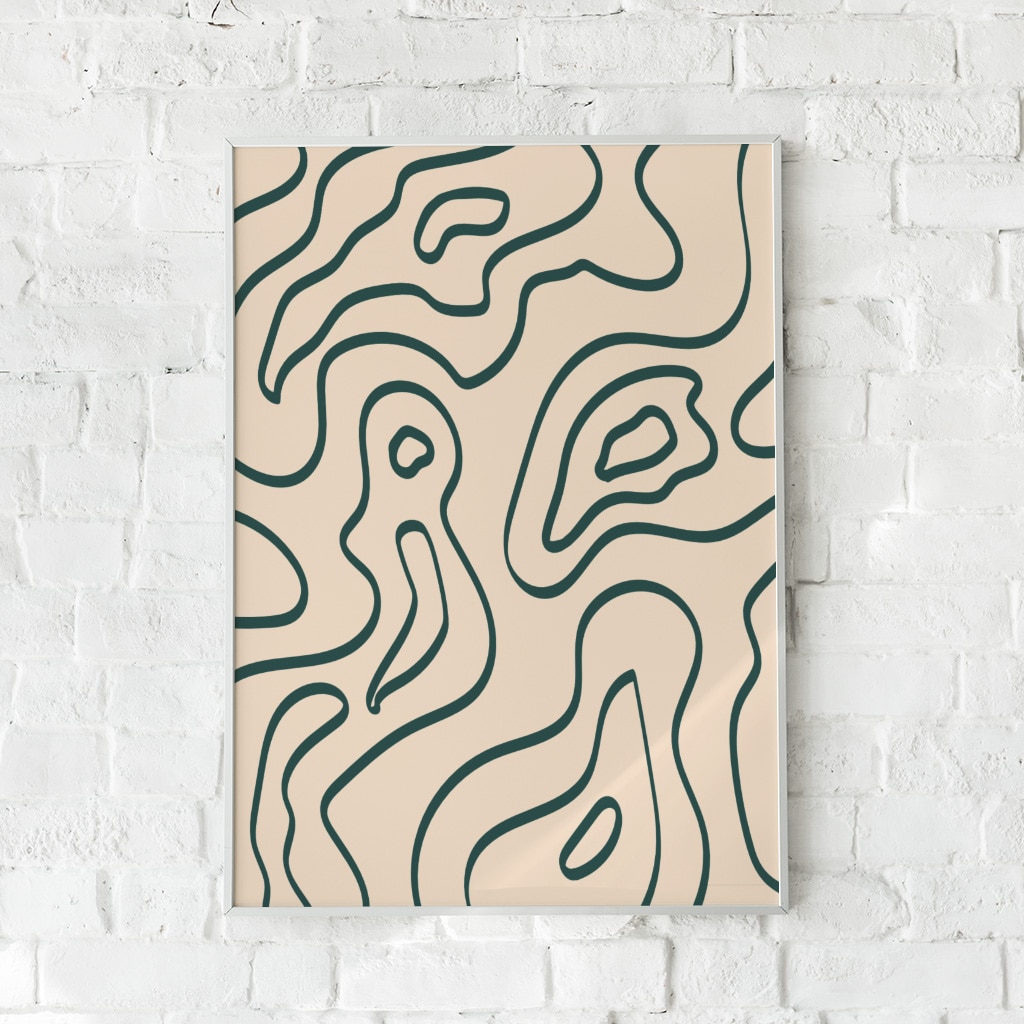 Plakat med bølgende grønne linjer på beige baggrund – "Contour".