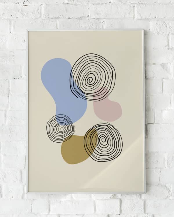Abstrakt plakat med bløde farver og sorte spiralmønstre.