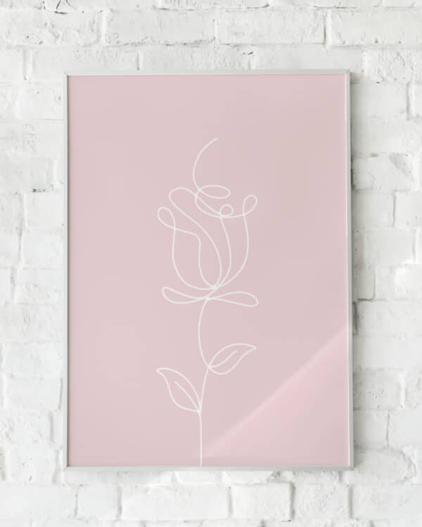 Plakat med en enkel hvid stregtegning af en rose på en lyserød baggrund.