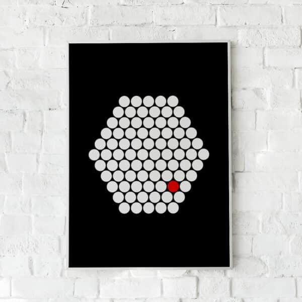 Geometrisk plakat med hvide cirkler og en rød detalje på sort baggrund.
