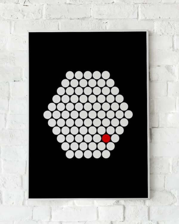 Geometrisk plakat med hvide cirkler og en rød detalje på sort baggrund.