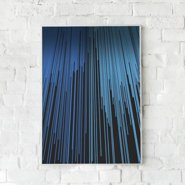 Minimalistisk plakat med lodrette blå linjer