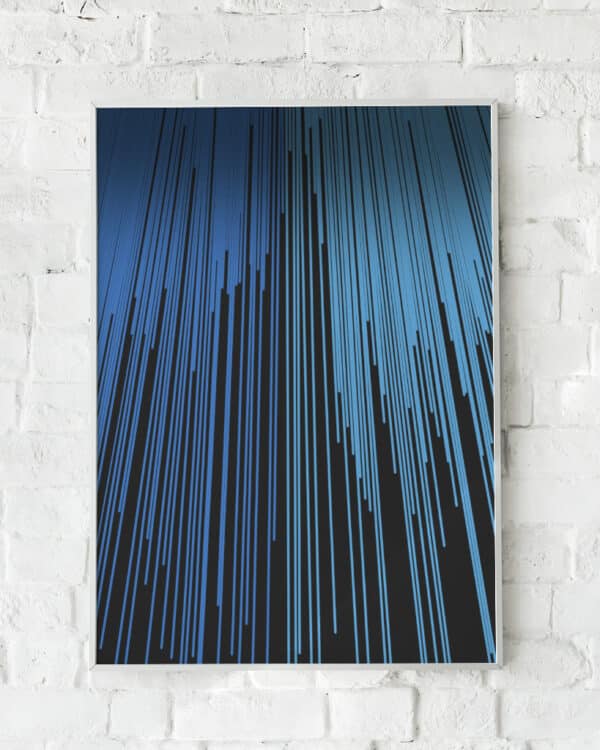 Minimalistisk plakat med lodrette blå linjer