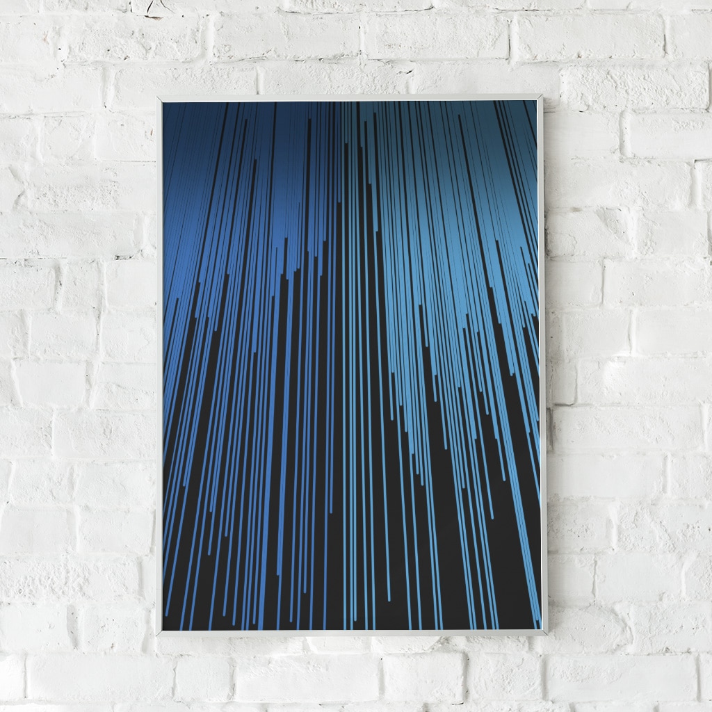 Minimalistisk plakat med lodrette blå linjer
