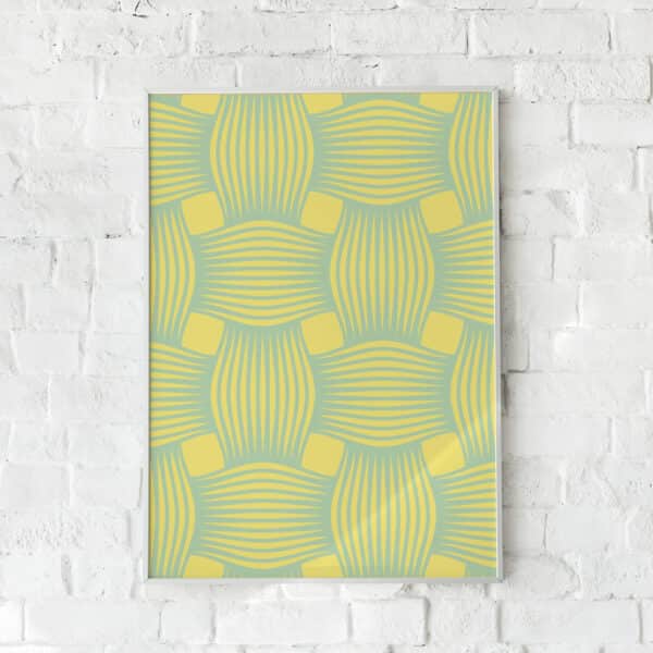 Geometrisk plakat med et mønster af flydende linjer i gule og grønne nuancer. En moderne vægdekoration med tekstil-lignende design.