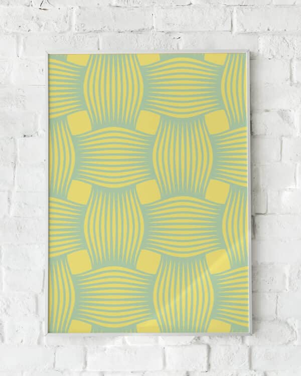 Geometrisk plakat med et mønster af flydende linjer i gule og grønne nuancer. En moderne vægdekoration med tekstil-lignende design.