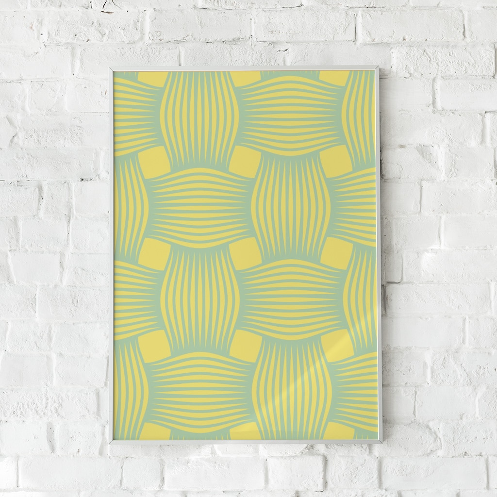 Geometrisk plakat med et mønster af flydende linjer i gule og grønne nuancer. En moderne vægdekoration med tekstil-lignende design.