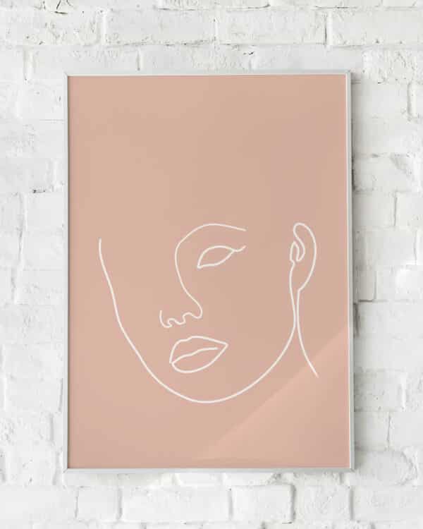 Minimalistisk plakat med en abstrakt stregtegning af et ansigt på en støvet lyserød baggrund. En elegant og moderne vægdekoration.