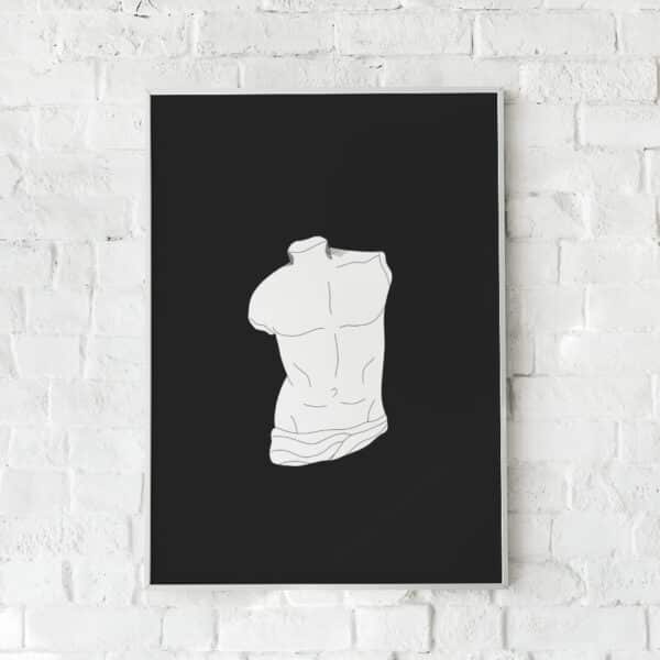 Sort-hvid plakat med stiliseret græsk buste på en mørk baggrund.