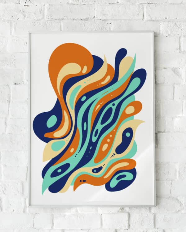 Farverig retro-plakat med abstrakte former i orange
