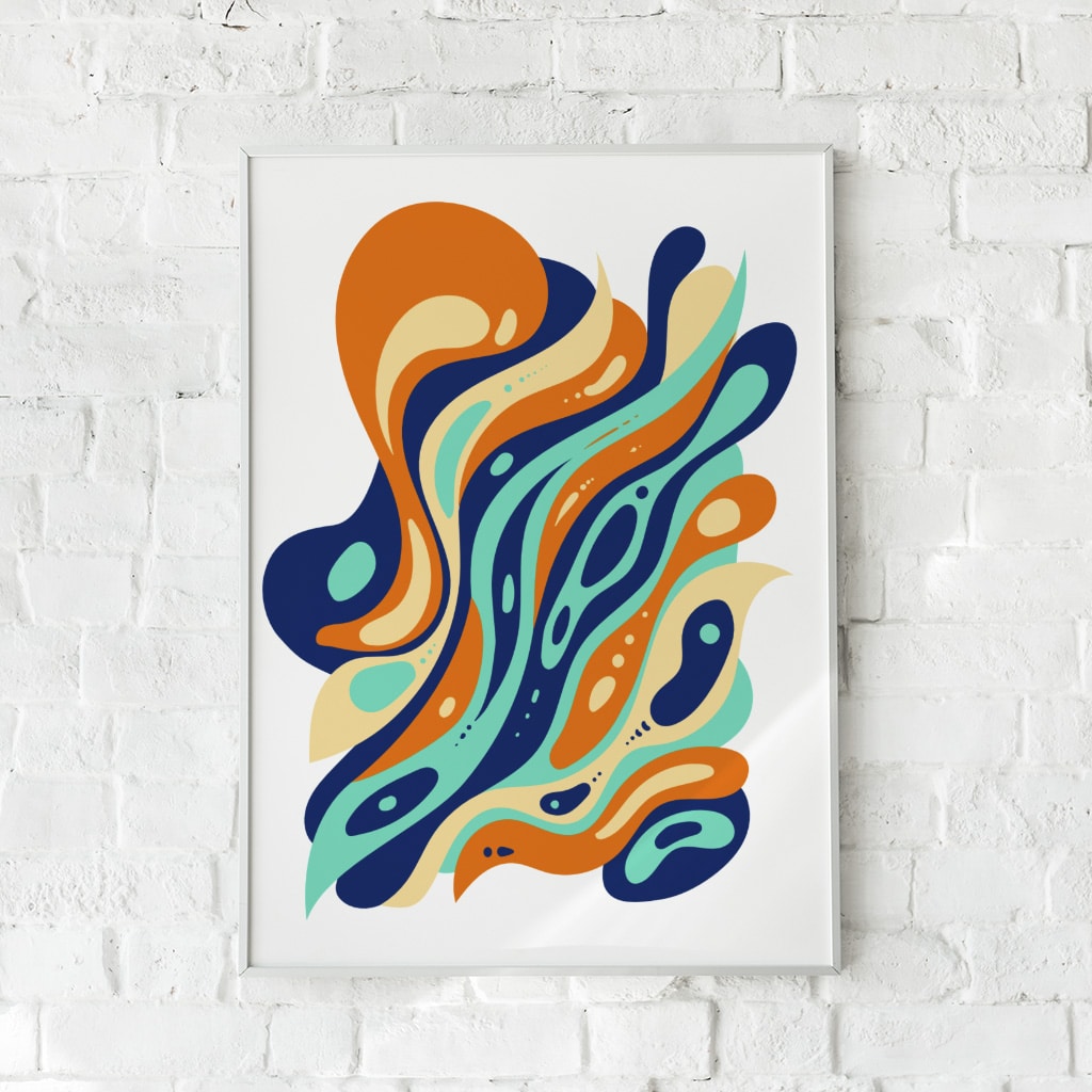 Farverig retro-plakat med abstrakte former i orange