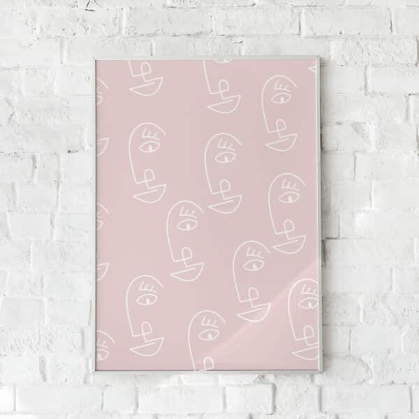 Grafisk plakat med stiliserede hvide ansigter på en sart rosa baggrund.