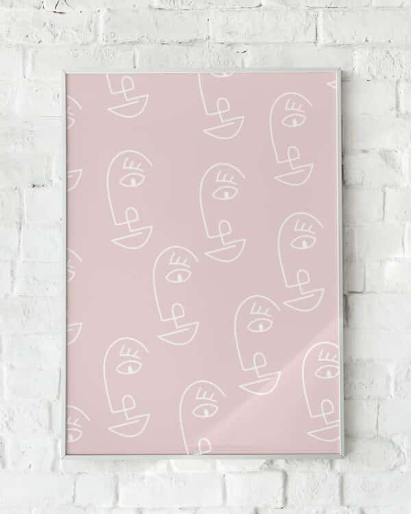 Grafisk plakat med stiliserede hvide ansigter på en sart rosa baggrund.