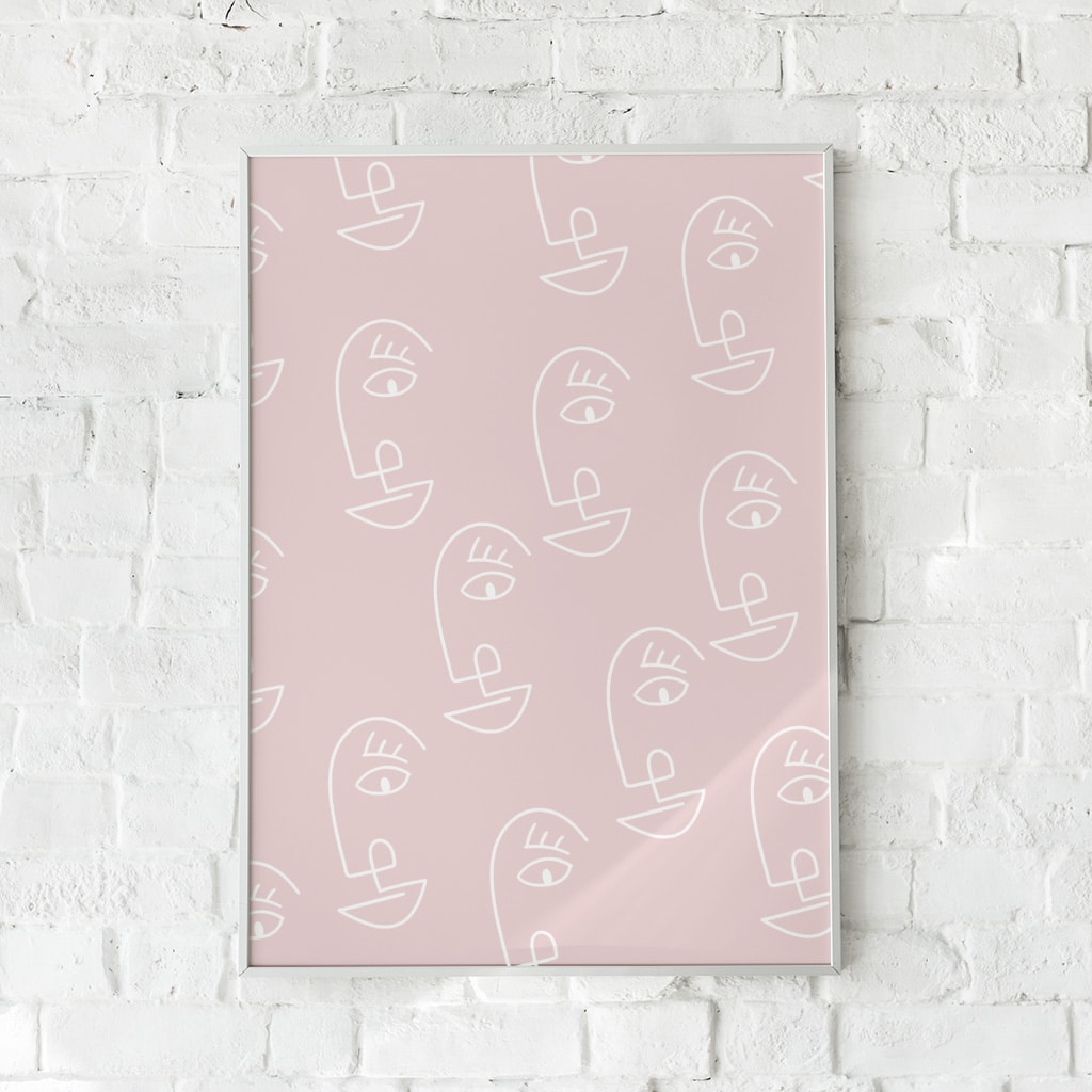 Grafisk plakat med stiliserede hvide ansigter på en sart rosa baggrund.
