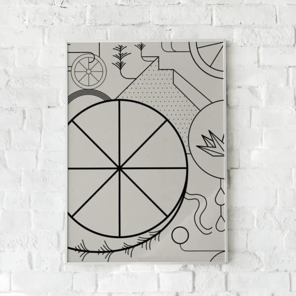 Abstrakt plakat med sorte linjer og geometriske former på en beige baggrund.
