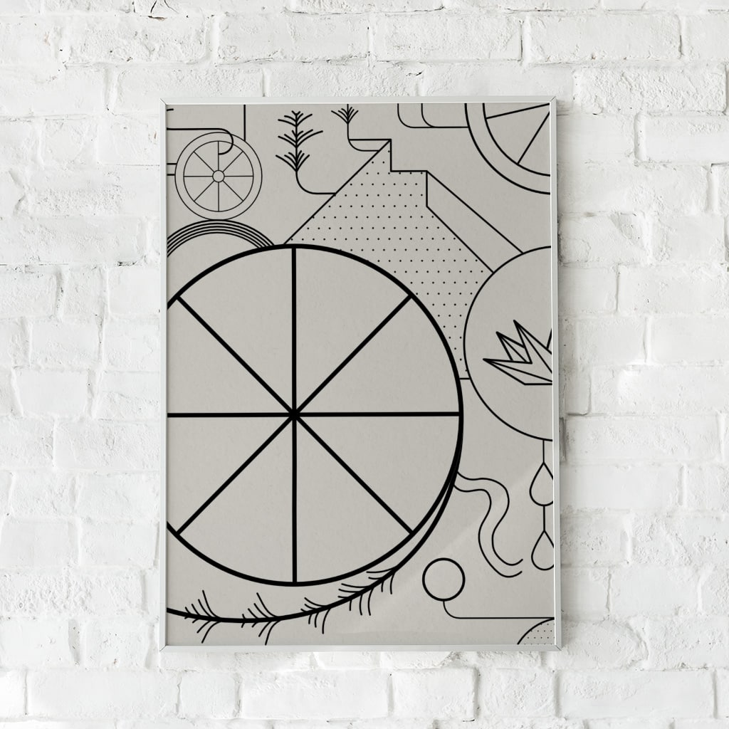 Abstrakt plakat med sorte linjer og geometriske former på en beige baggrund.