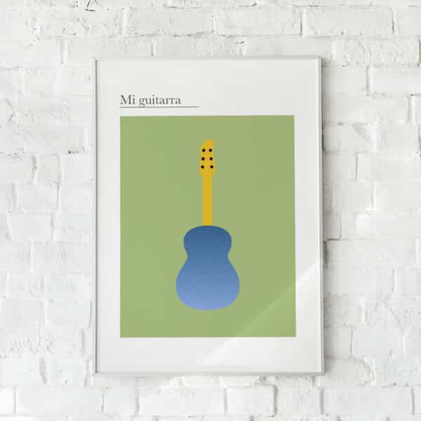 Minimalistisk plakat med en stiliseret guitar i blå og gul på grøn baggrund.