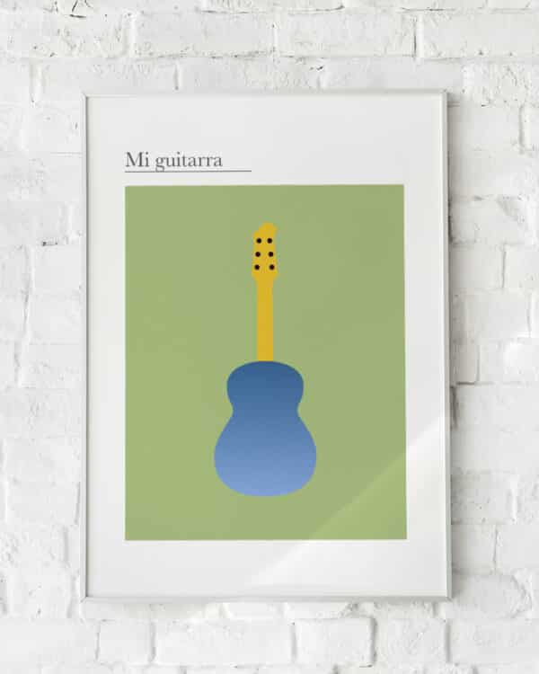 Minimalistisk plakat med en stiliseret guitar i blå og gul på grøn baggrund.