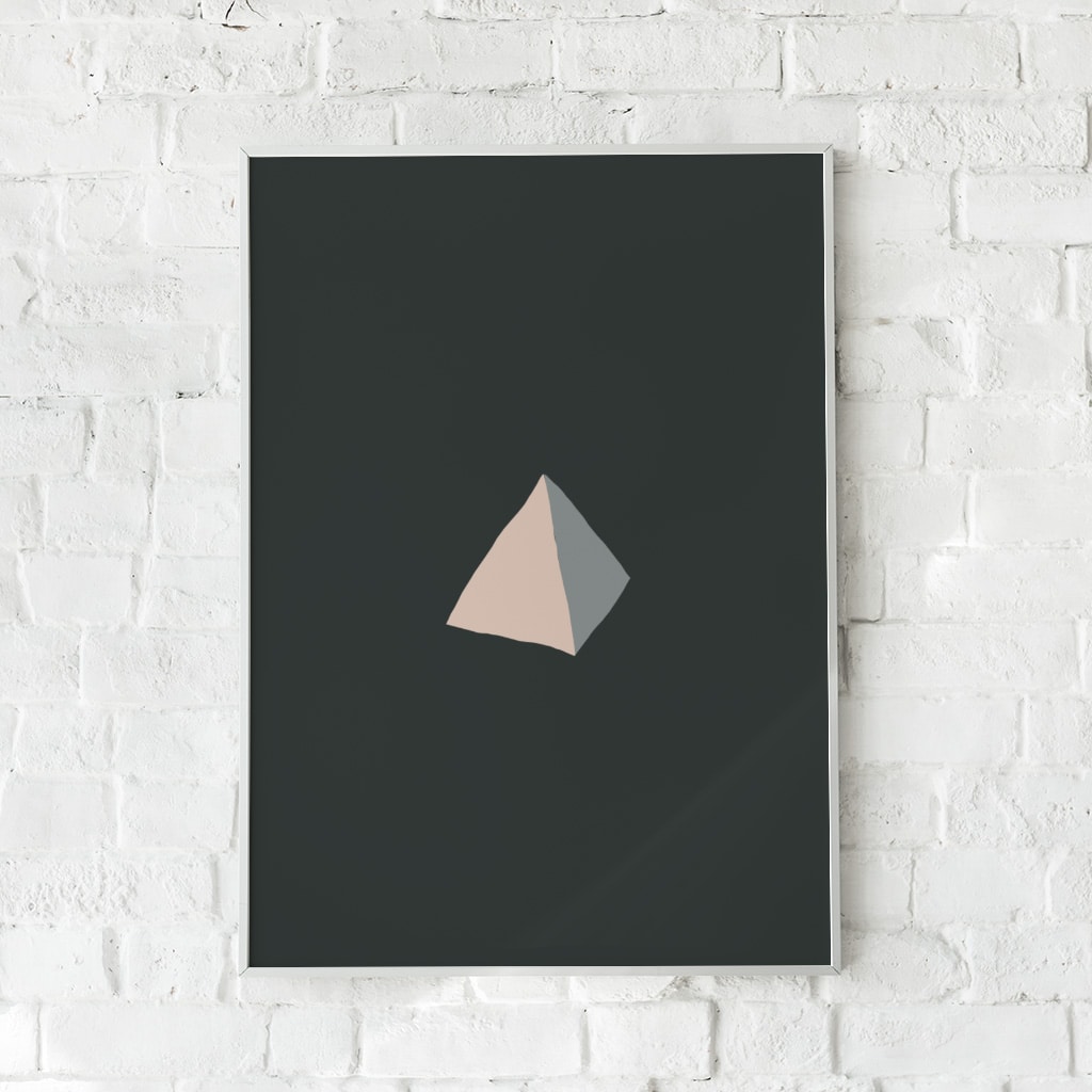 Plakat med en geometrisk monolit i beige og grå på en mørkegrøn baggrund.