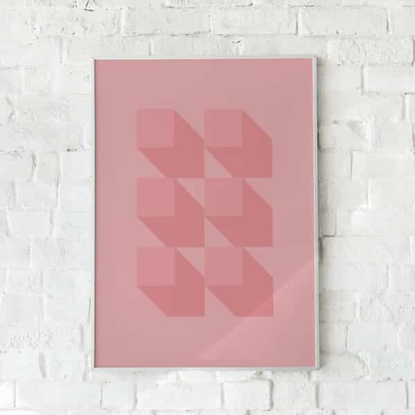 Geometrisk plakat med tredimensionelle former i rosa nuancer. Perfekt til moderne vægkunst.