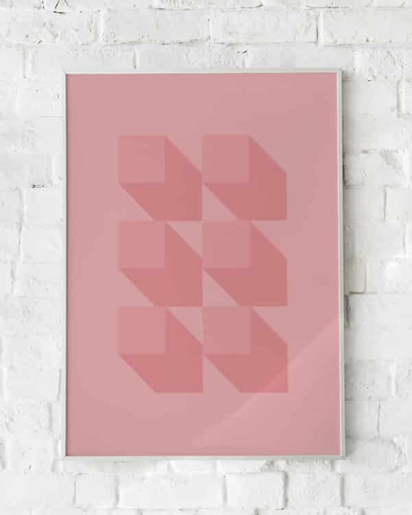 Geometrisk plakat med tredimensionelle former i rosa nuancer. Perfekt til moderne vægkunst.
