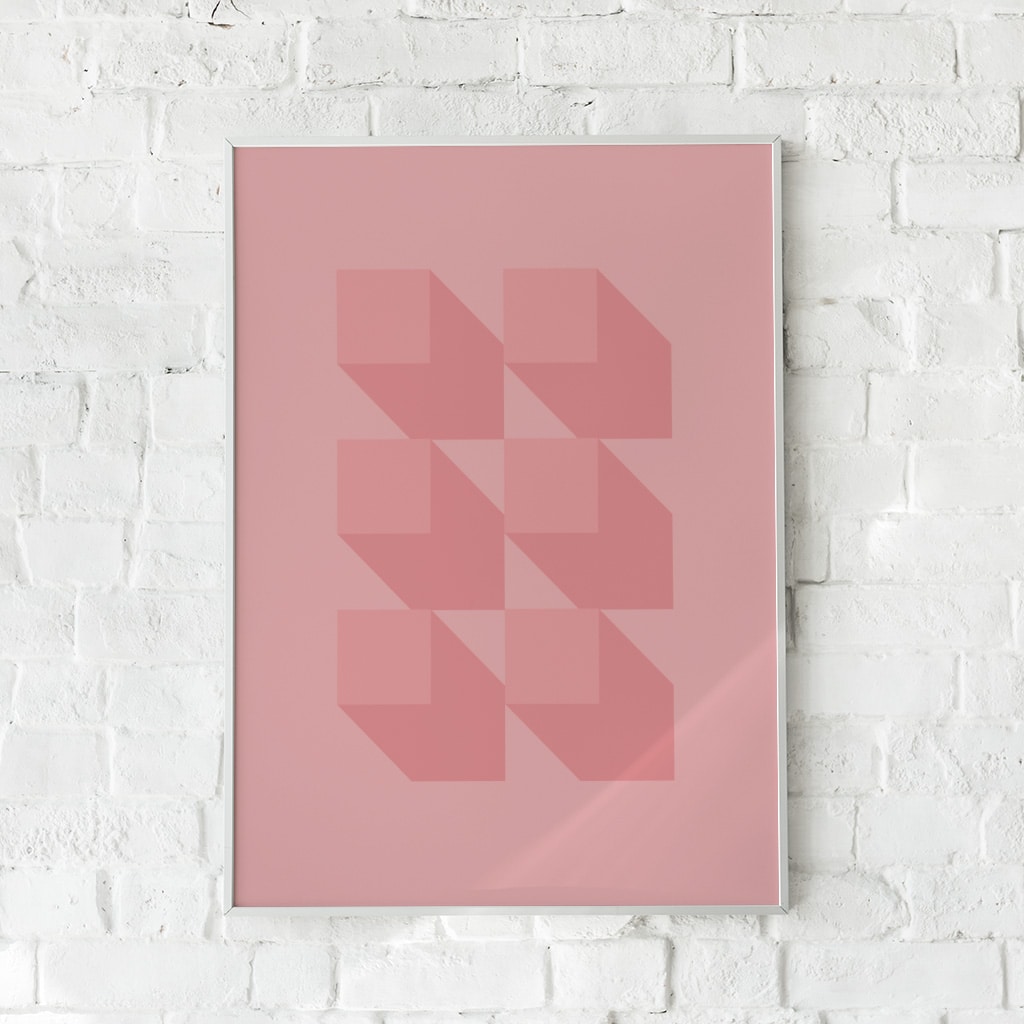 Geometrisk plakat med tredimensionelle former i rosa nuancer. Perfekt til moderne vægkunst.