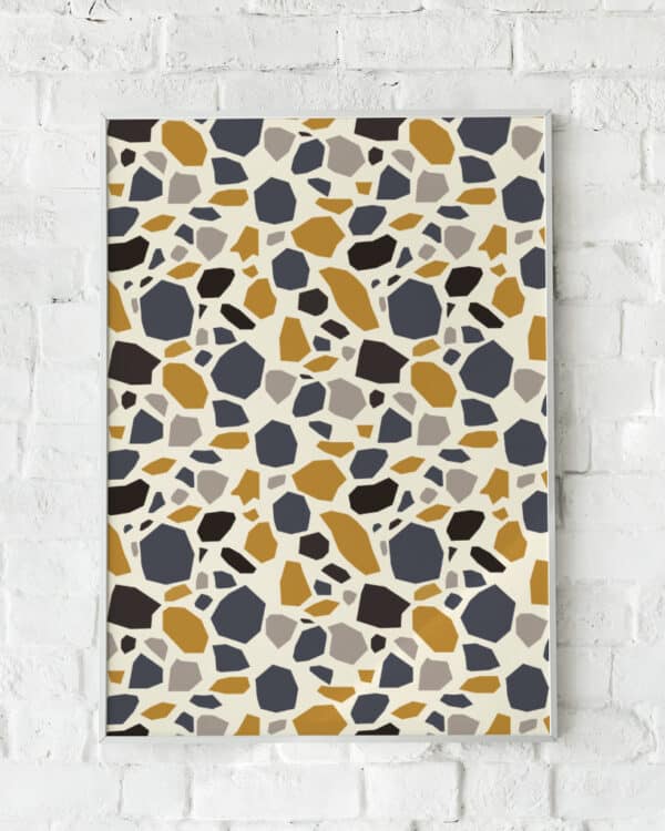 Plakat inspireret af klassisk terrazzo-mønster i jordfarver.