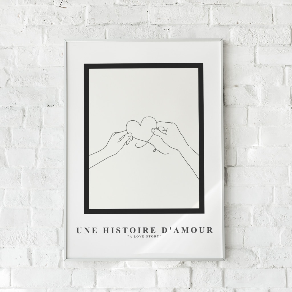 Romantisk plakat med to hænder og en hjerteform.