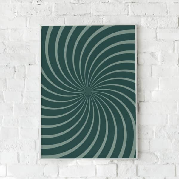 Plakat med hypnotiske spiraler i grønne og grå toner.