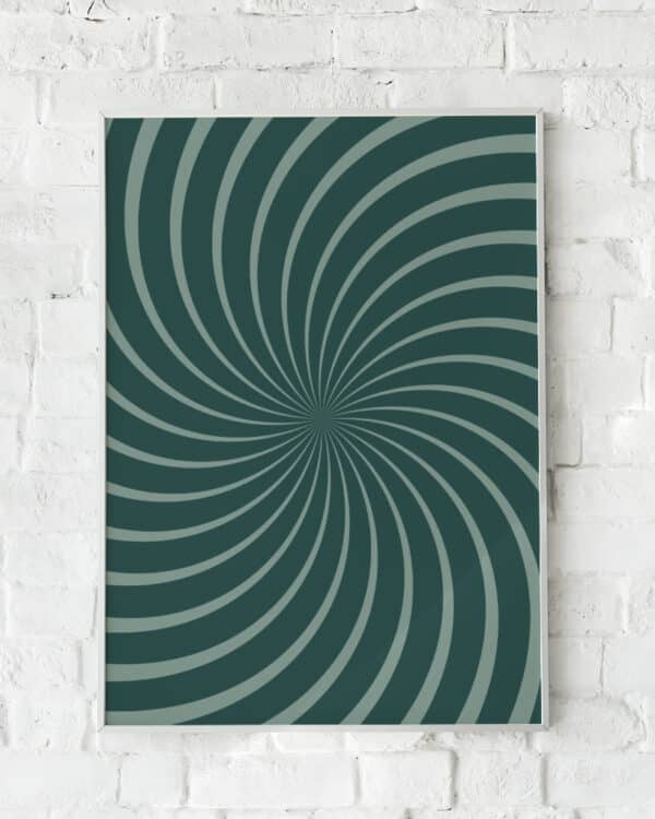 Plakat med hypnotiske spiraler i grønne og grå toner.