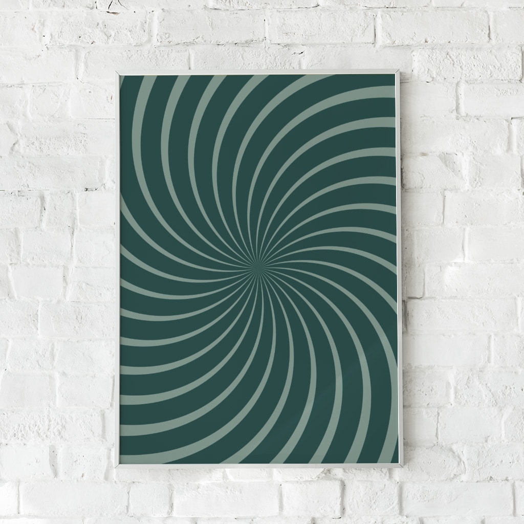 Plakat med hypnotiske spiraler i grønne og grå toner.