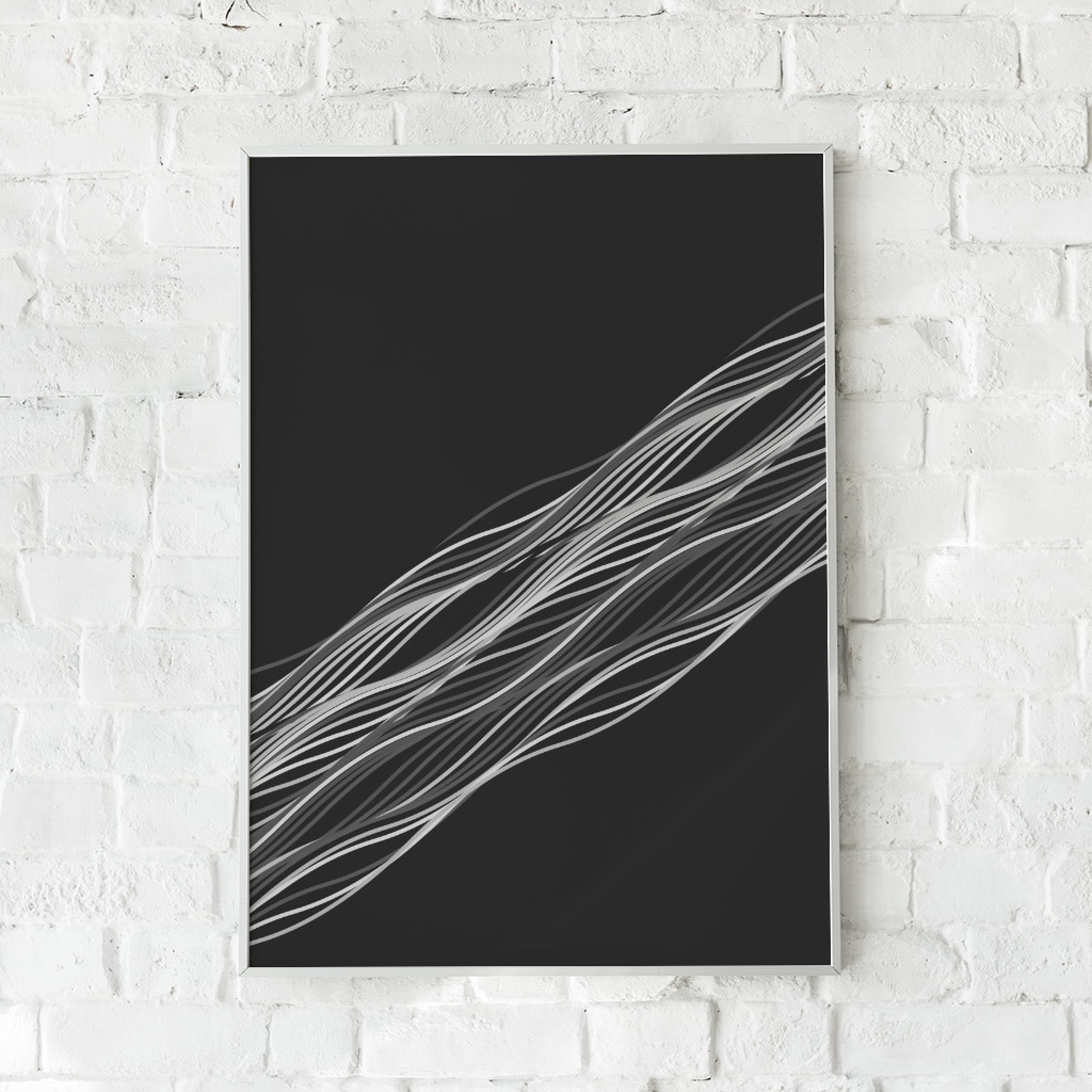 Plakat med snoede hvide linjer på sort baggrund, inspireret af DNA-struktur, hængende på hvid murstensvæg.
